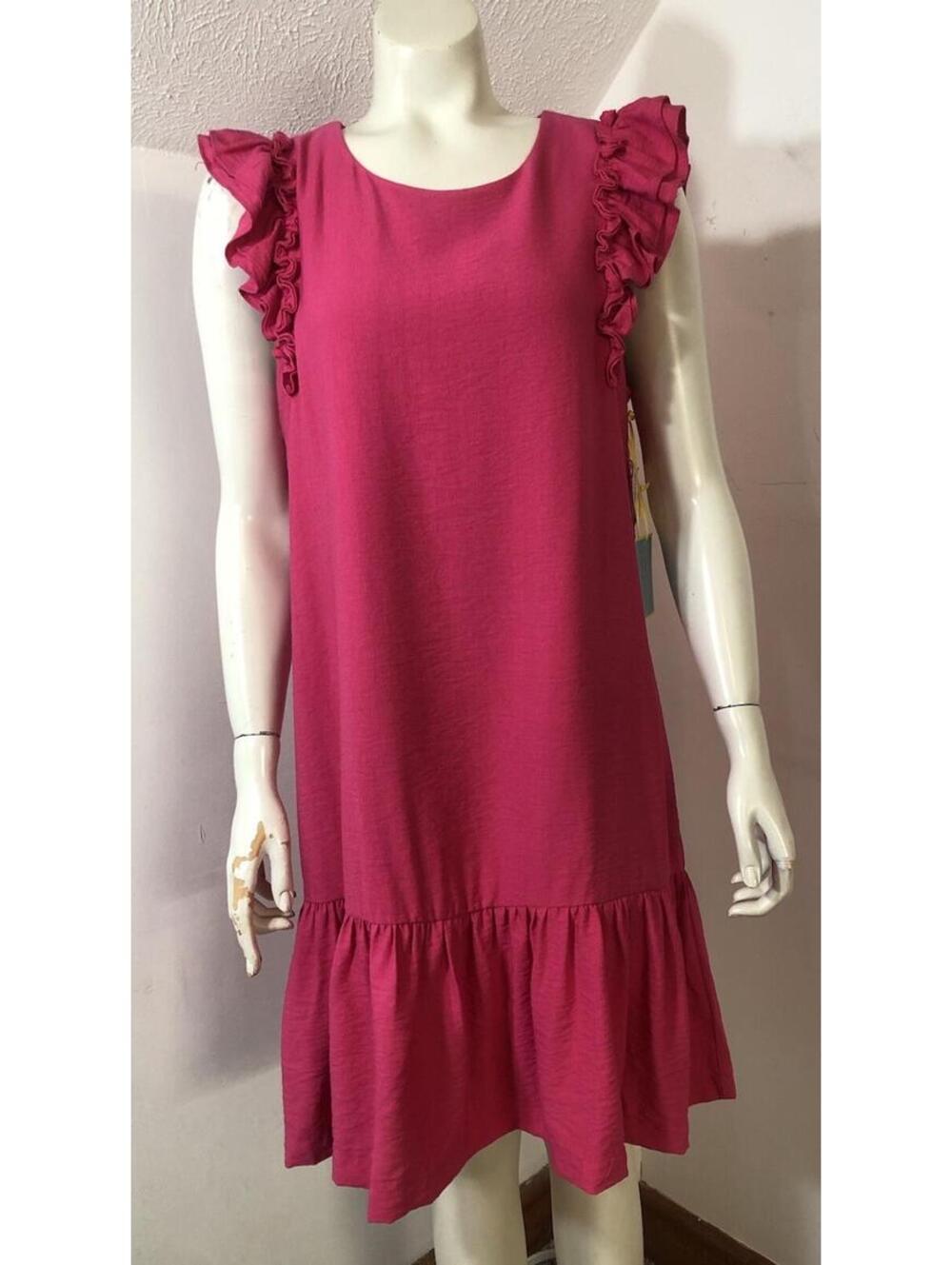 CeCe New Womens 10 Sleeveless Dress Bright Pink Ruffle Shoulders and Hem Lined